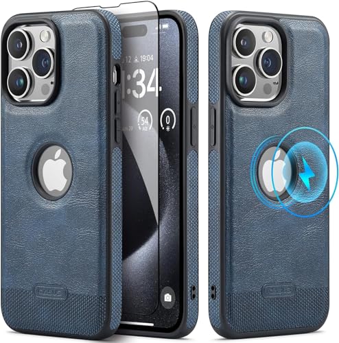 Sibada Leder Hülle für iPhone 15 Pro Kompatibel mit MagSafe,Kommt mit 1 Screen Schutzfolie,Logo Sichtbar,Premium Veganes Leder Klassisch Elegant Handyhüllen (2023) 6.1" - Marine Blau von Sibada