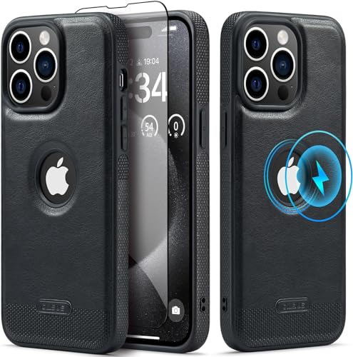 Sibada Leder Hülle für iPhone 15 Pro Kompatibel mit MagSafe,Kommt mit 1 Screen Schutzfolie,Logo Sichtbar,Premium Veganes Leder Klassisch Elegant Handyhüllen (2023) 6.1" - Schwarz von Sibada