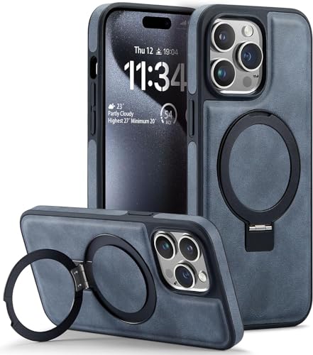 Sibada Leder Hülle für iPhone 15 Pro Max mit Verdecktem Kreisständer für Magnetische,Modische und Elegante Dünne Business Handyhülle (2023) 6.7" - Grau Blau von Sibada