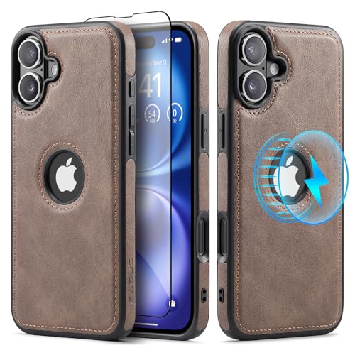 Sibada Leder Hülle für iPhone 16 Plus Kompatibel mit Kabelloses Laden, Logo Sichtbar, Premium Veganes Leder Klassisch Elegant Handyhüllen (2024) 6.7" - Grau von Sibada