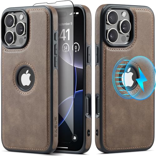 Sibada Leder Hülle für iPhone 16 Pro Max Kompatibel mit Kabelloses Laden, Logo Sichtbar, Premium Veganes Leder Klassisch Elegant Handyhüllen (2024) 6.7" - Grau von Sibada