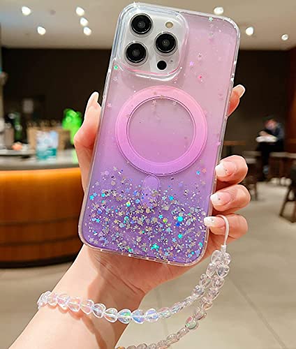 Sibada Magnetische Clear Glitter Designed für iPhone 14 Pro Max Case Armband Bling Sparkle Cute Kompatibel mit MagSafe Handyhüllen (2022) 6.7" (Lila) von Sibada