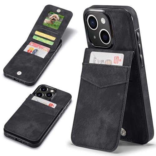 Sibada Multi-Funktionen Leder Handyhülle für iPhone 15 mit Standfunktion Card Slot Snap RFID Magnetverschluss Halten Leather Case for iPhone 15 (2023) 6.1" - Schwarz von Sibada