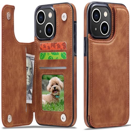 Sibada Multi-Funktionen Retro Leder Magnetic Kartenhalter Handyhülle für iPhone 15 Plus Klappbar mit Card Slot Snap RFID Kartenhalter Ständer Schutzhülle Kartenhüllen - Braun von Sibada