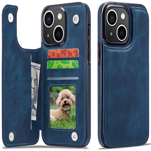 Sibada Multi-Funktionen Retro Leder Magnetic Kartenhalter Handyhülle für iPhone 15 Plus Klappbar mit Card Slot Snap RFID Kartenhalter Ständer Schutzhülle Kartenhüllen - Marineblau von Sibada