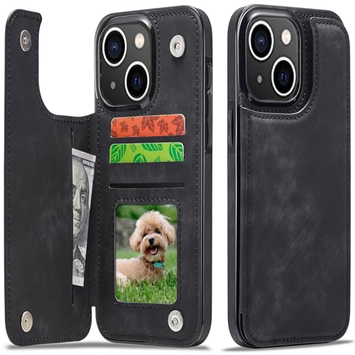 Sibada Multi-Funktionen Retro Leder Magnetic Kartenhalter Handyhülle für iPhone 15 Plus Klappbar mit Card Slot Snap RFID Kartenhalter Ständer Schutzhülle Kartenhüllen - Schwarz von Sibada