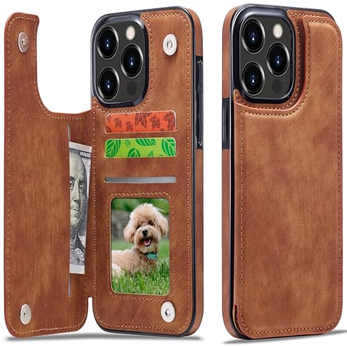 Sibada Multi-Funktionen Retro Leder Magnetic Kartenhalter Handyhülle für iPhone 15 Pro Klappbar mit Card Slot Snap RFID Kartenhalter Ständer Schutzhülle Kartenhüllen - Braun von Sibada