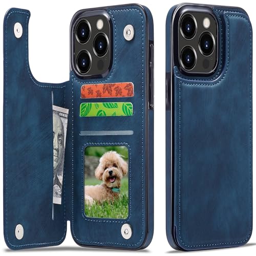 Sibada Multi-Funktionen Retro Leder Magnetic Kartenhalter Handyhülle für iPhone 15 Pro Klappbar mit Card Slot Snap RFID Kartenhalter Ständer Schutzhülle Kartenhüllen - Marineblau von Sibada