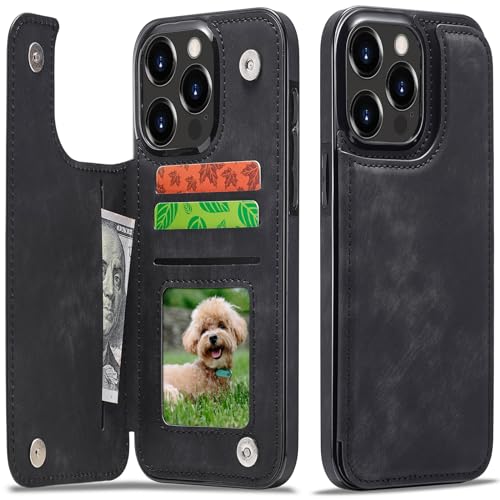 Sibada Multi-Funktionen Retro Leder Magnetic Kartenhalter Handyhülle für iPhone 15 Pro Max Klappbar mit Card Slot Snap RFID Kartenhalter Ständer Schutzhülle Kartenhüllen - Schwarz von Sibada