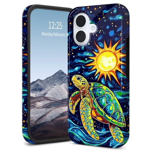 SichKards Dünne, zweilagige Hybrid-Schutzhülle für iPhone 16 Plus, ultra-schützende PC-Hartschale + weiche Silikonhülle, stoßfest, kratzfest, Anti-Vergilbungs-Design, Schildkrötensonne von SichKards