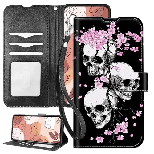 SichKards Schutzhülle für iPhone 16 Plus mit Handschlaufe, RFID-blockierend, stoßfestes TPU-Innenfutter, PU-Leder-Klapphülle mit Magnetverschluss, Kartenfächern, Totenkopf-Kirschblüten SichKards Schutzhülle für iPhone 16 Plus mit Handschlaufe, RFID-blockierend, stoßfestes TPU-Innenfutter, PU-Leder-Klapphülle mit Magnetverschluss, Kartenfächern, Totenkopf-Kirschblüten von SichKards