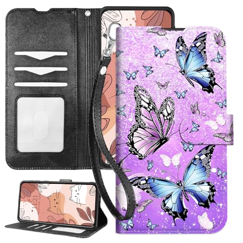SichKards Schutzhülle für iPhone 16 Pro, Brieftaschen-Schutzhülle mit Handschlaufe, RFID-blockierend, stoßfestes TPU-Innenfutter, PU-Leder-Klapphülle mit Magnetverschluss, Kartenfächer, Schmetterlinge von SichKards