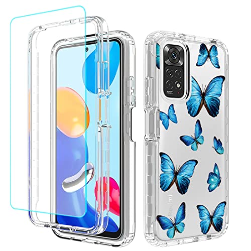 Sidande Handyhülle für Redmi Note 11 (4G)/Note 11S Hülle mit gehärtetem Glas Displayschutz, Transparente Blumen TPU Vollschutz-Set mit Stoßfestigem Schutzhülle für Xiaomi Redmi Note 11S Schmetterling von Sidande