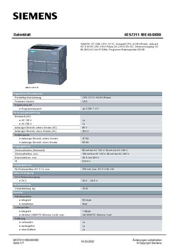 Siemens 6ES7211-1BE40-0XB0 6ES72111BE400XB0 SPS-Kompakt-CPU von Siemens