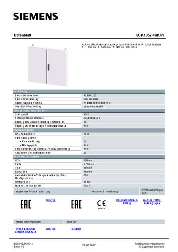 Siemens 8GK1052-4KK41 Installationsverteiler 1050 x 950 x 140 Stahl Grau 1St. Siemens 8GK1052-4KK41 Installationsverteiler 1050 x 950 x 140 Stahl Grau 1St. von Siemens