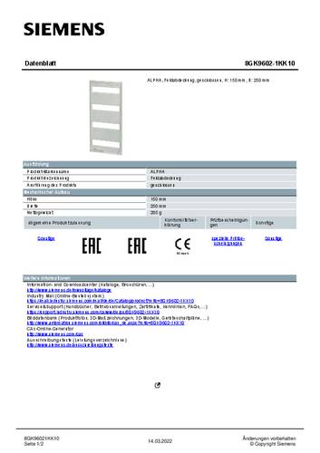 Siemens 8GK9602-1KK10 Feldabdeckung (B x H) 250mm x 150mm 1St. von Siemens