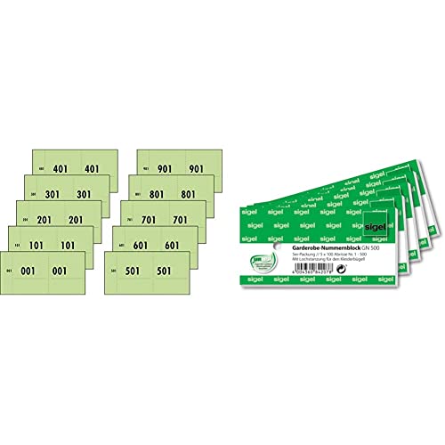 SIGEL 76153 Nummernblock grün, 1000 Bons (Nr. 1-1000, 10,5 x 5,3cm) & GN500 Garderoben-Nummernblöcke mit Lochstanzung, 500 Bons (nummeriert 1-500, 10,5 x 5 cm) von Sigel
