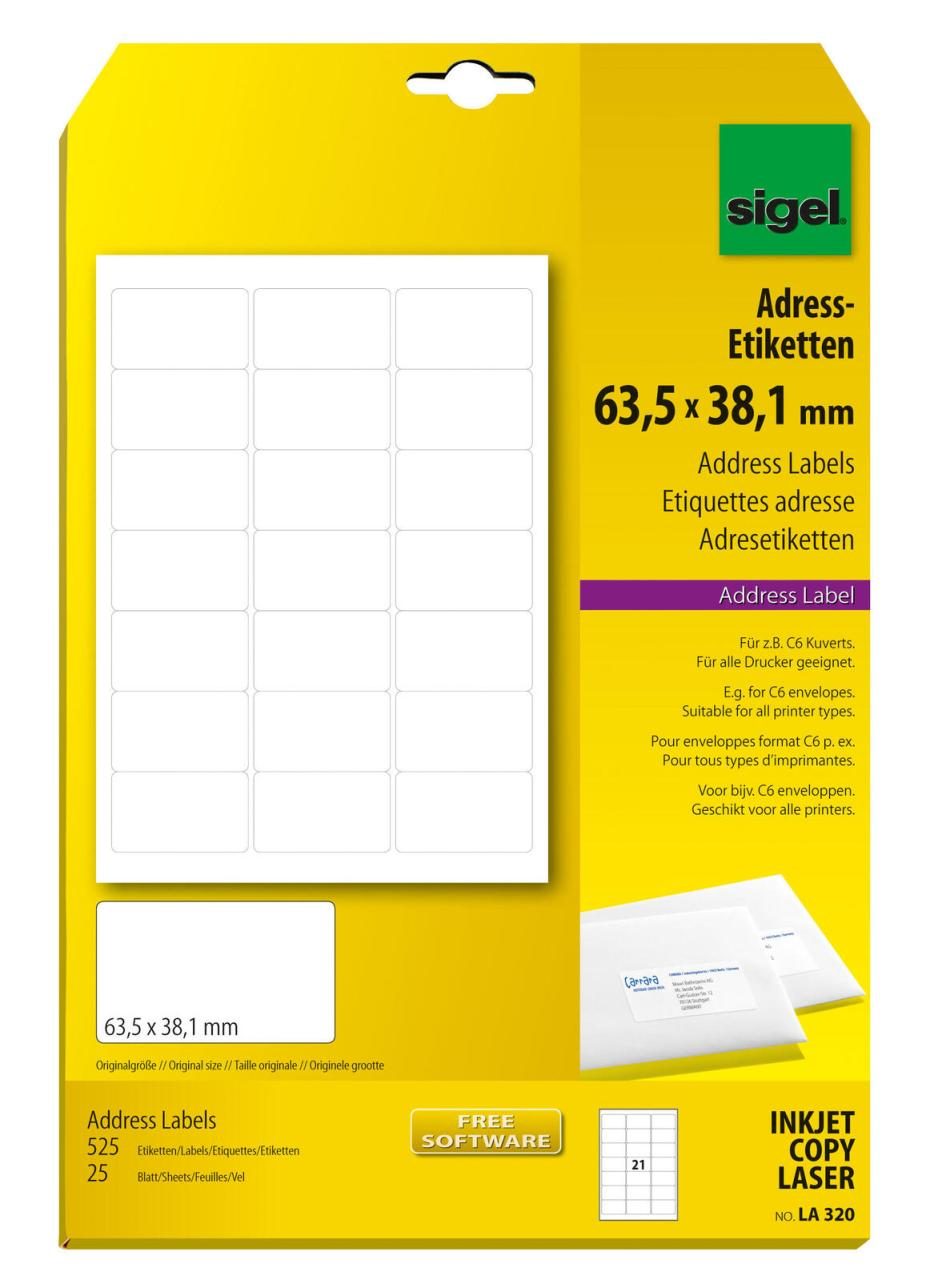 SIGEL Adress-Etiketten LA320 63,5 x 38,1 mm weiß von Sigel