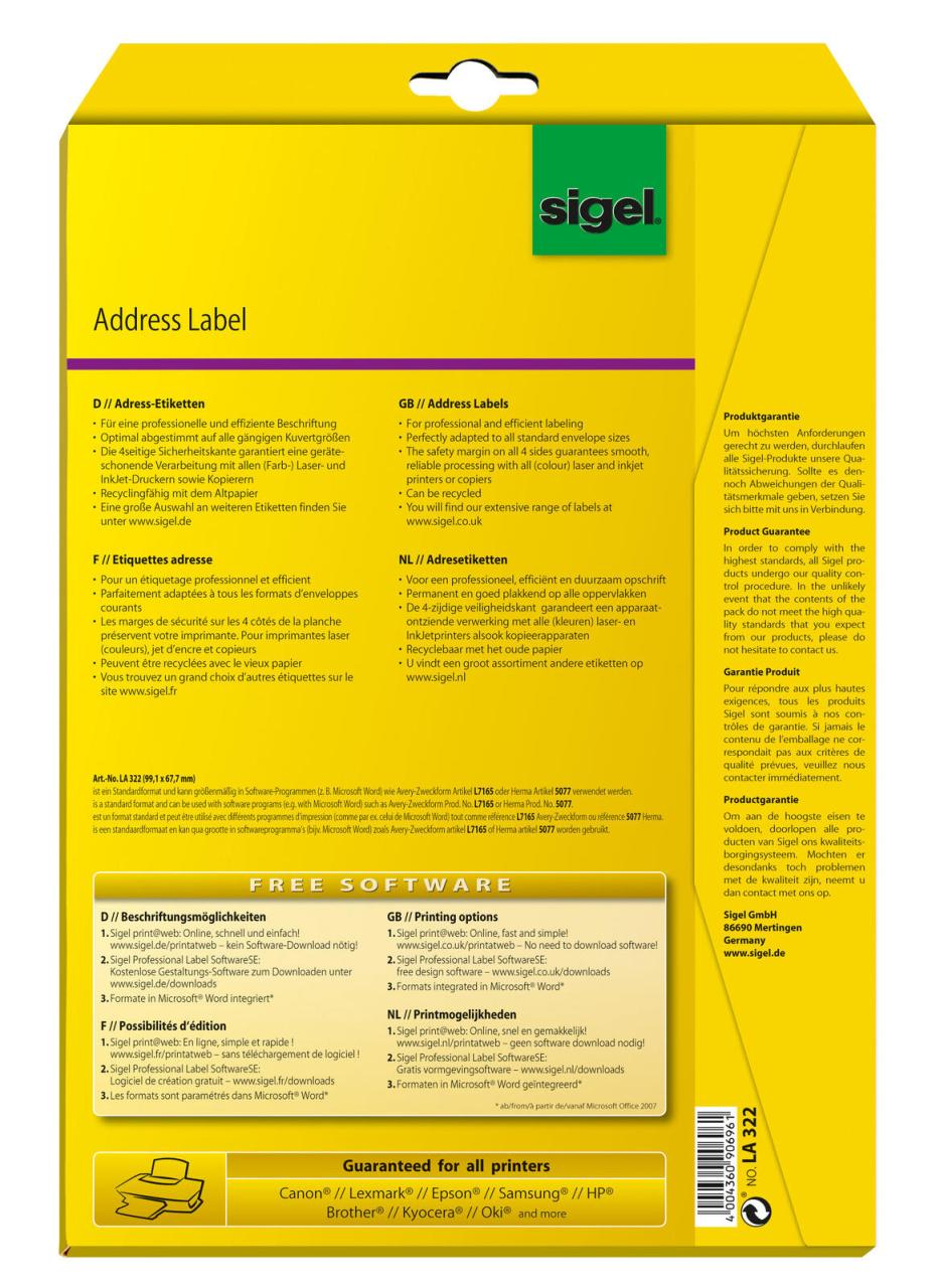 SIGEL Adressetiketten LA322 weiß 99,1 x 67,7 mm SIGEL Adressetiketten LA322 weiß 99,1 x 67,7 mm von Sigel