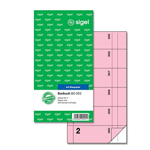 SIGEL BO002 Bonbuch Bonblock, 360 Abrisse, Kellner-Nr. 2, rosa, 10,5 x 20 cm, 2x60 Blatt von Sigel