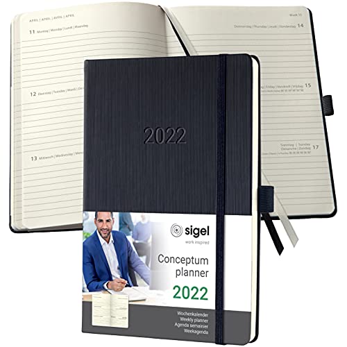 SIGEL C2212 Terminplaner Wochenkalender 2022 - ca. A5 - schwarz - Hardcover - 192 Seiten - Gummiband, Stiftschlaufe, Archivtasche - PEFC-zertifiziert - Conceptum von Sigel