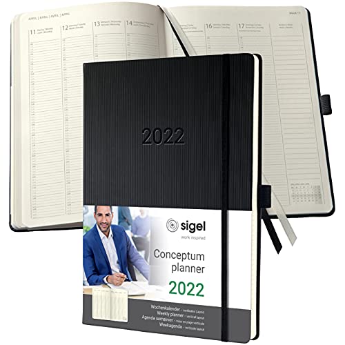 SIGEL C2218 Planungsbuch Terminplaner Wochenkalender 2022 - A4+ - 1 Woche = 2 Seiten, 1 Spalte pro Tag - schwarz - Hardcover - 192 Seiten - Gummiband, Stiftschlaufe, Archivtasche - Conceptum von Sigel