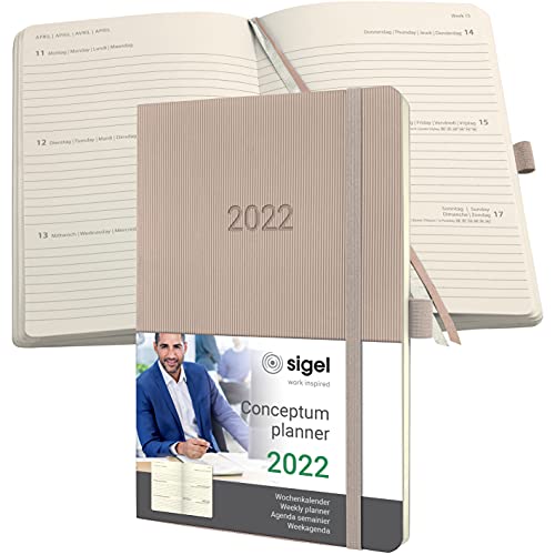 SIGEL C2230 Terminplaner Wochenkalender 2022 - ca. A5 - taupe - Softcover - 192 Seiten - Gummiband, Stiftschlaufe, Archivtasche - PEFC-zertifiziert - Conceptum von Sigel