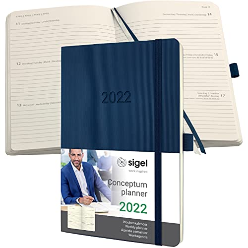 SIGEL C2232 Terminplaner Wochenkalender 2022 - ca. A5 - blau - Softcover - 192 Seiten - Gummiband, Stiftschlaufe, Archivtasche - PEFC-zertifiziert - Conceptum von Sigel