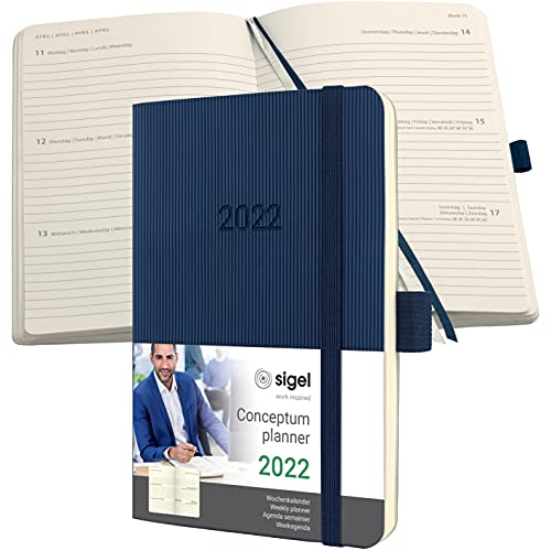 SIGEL C2233 Terminplaner Wochenkalender 2022 - ca. A6 - blau - Softcover - 176 Seiten - Gummiband, Stiftschlaufe, Archivtasche - PEFC-zertifiziert - Conceptum von Sigel