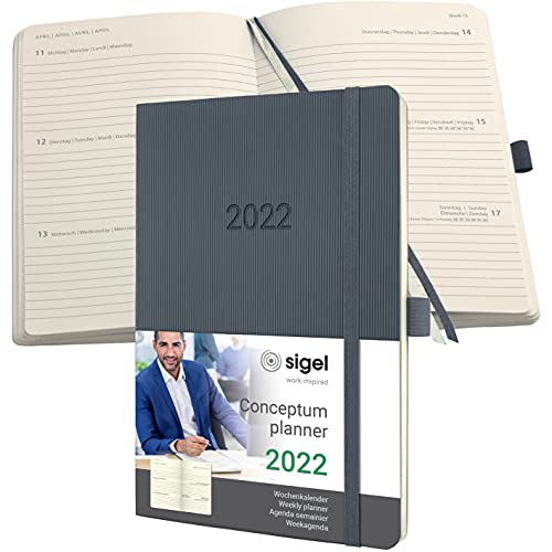 SIGEL C2236 Terminplaner Wochenkalender 2022 - ca. A5 - grau - Softcover - 192 Seiten - Gummiband, Stiftschlaufe, Archivtasche - PEFC-zertifiziert - Conceptum von Sigel