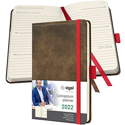 SIGEL C2256 Terminplaner Wochenkalender 2022 - Vintage Design - Lederoptik - ca. A6 - braun - Hardcover - 176 Seiten - Gummiband, Stiftschlaufe, Archivtasche - PEFC-zertifiziert - Conceptum von Sigel