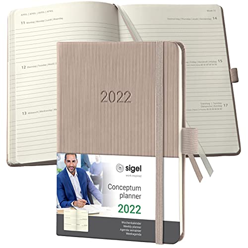 SIGEL C2261 Terminplaner Wochenkalender 2022 - ca. A6 - taupe - Hardcover - 176 Seiten - Gummiband, Stiftschlaufe, Archivtasche - PEFC-zertifiziert - Conceptum von Sigel