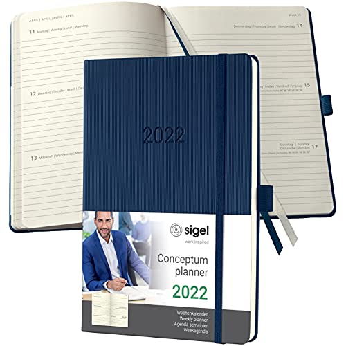 SIGEL C2262 Terminplaner Wochenkalender 2022 - ca. A5 - blau - Hardcover - 192 Seiten - Gummiband, Stiftschlaufe, Archivtasche - PEFC-zertifiziert - Conceptum von Sigel