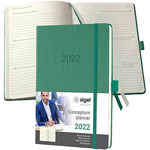 SIGEL C2270 Terminplaner Wochenkalender 2022 - ca. A5 - grün - Hardcover - 192 Seiten - Gummiband, Stiftschlaufe, Archivtasche - PEFC-zertifiziert - Conceptum von Sigel