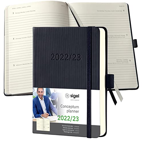 SIGEL C2302 Terminplaner Wochenkalender 2022/2023 - ca. A6 - schwarz - Hardcover - Gummiband, Stiftschlaufe, Archivtasche - PEFC-zertifiziert - 18-Monatskalender - Conceptum von Sigel