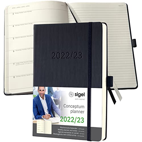 SIGEL C2303 Terminplaner Wochennotiz-Kalender 2022/2023 - ca. A5 - schwarz - Hardcover - 256 Seiten - Gummiband, Stiftschlaufe, Archivtasche - PEFC-zertifiziert - 18-Monatskalender - Conceptum von Sigel