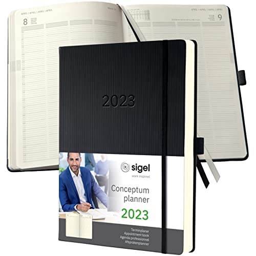 SIGEL C2304 Planungsbuch XXL, Terminkalender 2023 - A4+ - 1 Tag = 1 Seite, für 4 Personen - schwarz - Hardcover - 480 Seiten - Gummiband, Stiftschlaufe, Archivtasche - PEFC-zertifiziert - Conceptum von Sigel