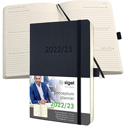 SIGEL C2306 Terminplaner Wochenkalender 2022/2023 - ca. A5 - schwarz - Softcover - 256 Seiten - Gummiband, Stiftschlaufe, Archivtasche - PEFC-zertifiziert - 18-Monatskalender - Conceptum von Sigel