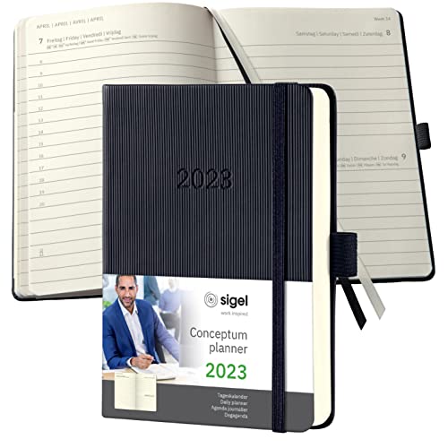 SIGEL C2311 Terminplaner Tageskalender 2023 - ca. A6 - schwarz - Hardcover - 400 Seiten - Gummiband, Stiftschlaufe, Archivtasche - PEFC-zertifiziert - Conceptum von Sigel