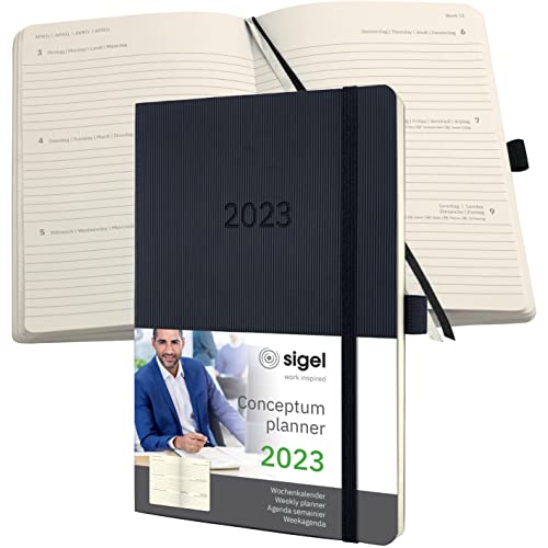 SIGEL C2322 Terminplaner Wochenkalender 2023 - ca. A5 - schwarz - Softcover - 192 Seiten - Gummiband, Stiftschlaufe, Archivtasche - PEFC-zertifiziert - Conceptum von Sigel