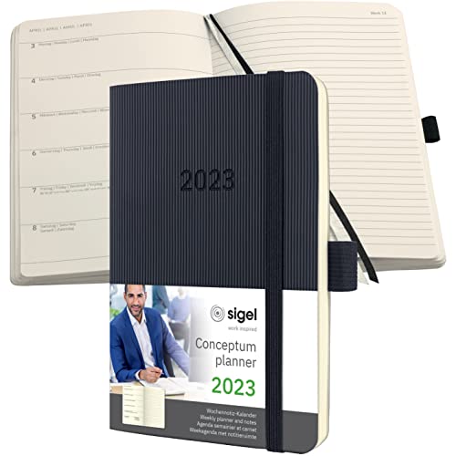SIGEL C2325 Terminplaner Wochennotiz-Kalender 2023 - ca. A6 - schwarz - Softcover - 176 Seiten - Gummiband, Stiftschlaufe, Archivtasche - PEFC-zertifiziert - Conceptum von Sigel