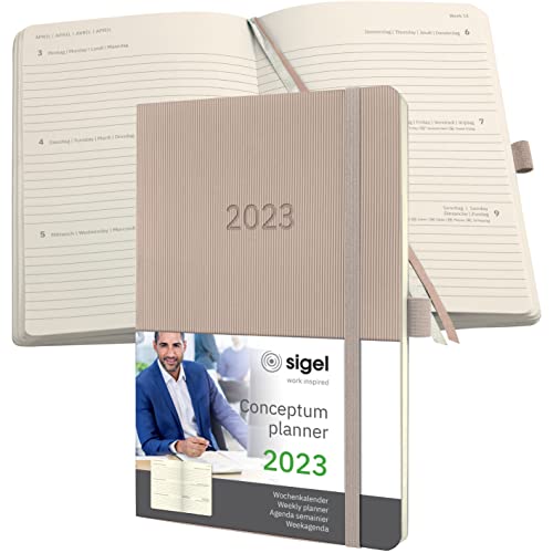 SIGEL C2330 Terminplaner Wochenkalender 2023 - ca. A5 - taupe - Softcover - 192 Seiten - Gummiband, Stiftschlaufe, Archivtasche - PEFC-zertifiziert - Conceptum von Sigel
