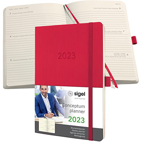 SIGEL C2334 Terminplaner Wochenkalender 2023 - ca. A5 - rot - Softcover - 192 Seiten - Gummiband, Stiftschlaufe, Archivtasche - PEFC-zertifiziert - Conceptum von Sigel