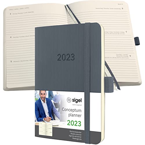 SIGEL C2337 Terminplaner Wochenkalender 2023 - ca. A6 - dunkelgrau - Softcover - 176 Seiten - Gummiband, Stiftschlaufe, Archivtasche - PEFC-zertifiziert - Conceptum von Sigel