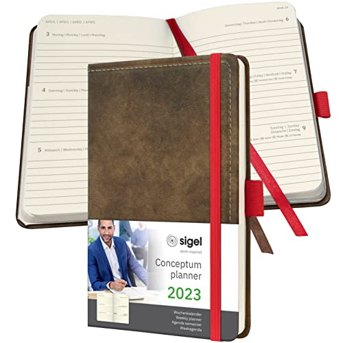 SIGEL C2356 Terminplaner Wochenkalender 2023 - Vintage Design - Lederoptik - ca. A6 - braun - Hardcover - 176 Seiten - Gummiband, Stiftschlaufe, Archivtasche - PEFC-zertifiziert - Conceptum von Sigel