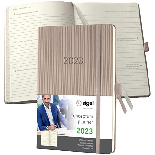 SIGEL C2360 Terminplaner Wochenkalender 2023 - ca. A5 - taupe - Hardcover - 192 Seiten - Gummiband, Stiftschlaufe, Archivtasche - PEFC-zertifiziert - Conceptum von Sigel