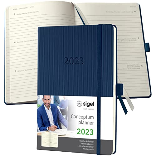 SIGEL C2362 Terminplaner Wochenkalender 2023 - ca. A5 - dunkelblau - Hardcover - 192 Seiten - Gummiband, Stiftschlaufe, Archivtasche - PEFC-zertifiziert - Conceptum von Sigel