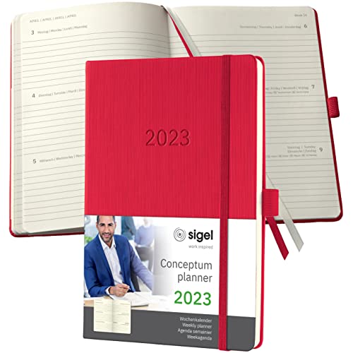 SIGEL C2364 Terminplaner Wochenkalender 2023 - ca. A5 - rot - Hardcover - 192 Seiten - Gummiband, Stiftschlaufe, Archivtasche - PEFC-zertifiziert - Conceptum von Sigel