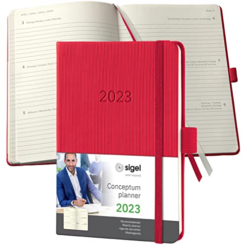 SIGEL C2365 Terminplaner Wochenkalender 2023 - ca. A6 - rot - Hardcover - 176 Seiten - Gummiband, Stiftschlaufe, Archivtasche - PEFC-zertifiziert - Conceptum von Sigel