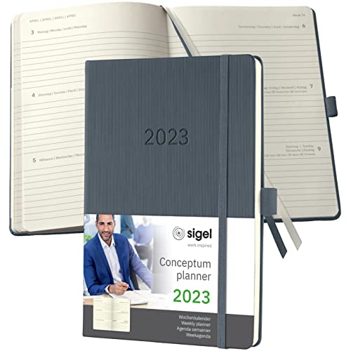 SIGEL C2366 Terminplaner Wochenkalender 2023 - ca. A5 - dunkelgrau - Hardcover - 192 Seiten - Gummiband, Stiftschlaufe, Archivtasche - PEFC-zertifiziert - Conceptum von Sigel